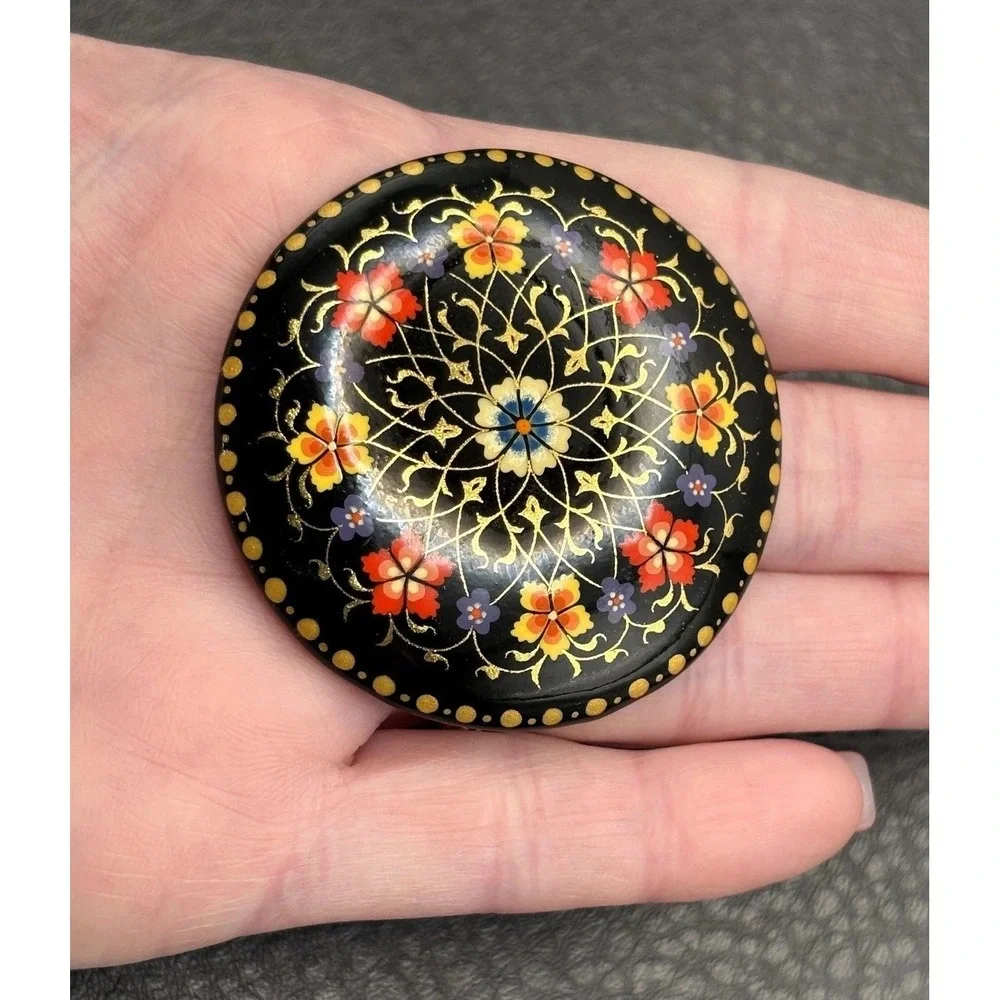 Vintage Uzbekistan Hand Painted Lacquer Floral Brooch Pin Black Gold Red Yellow
